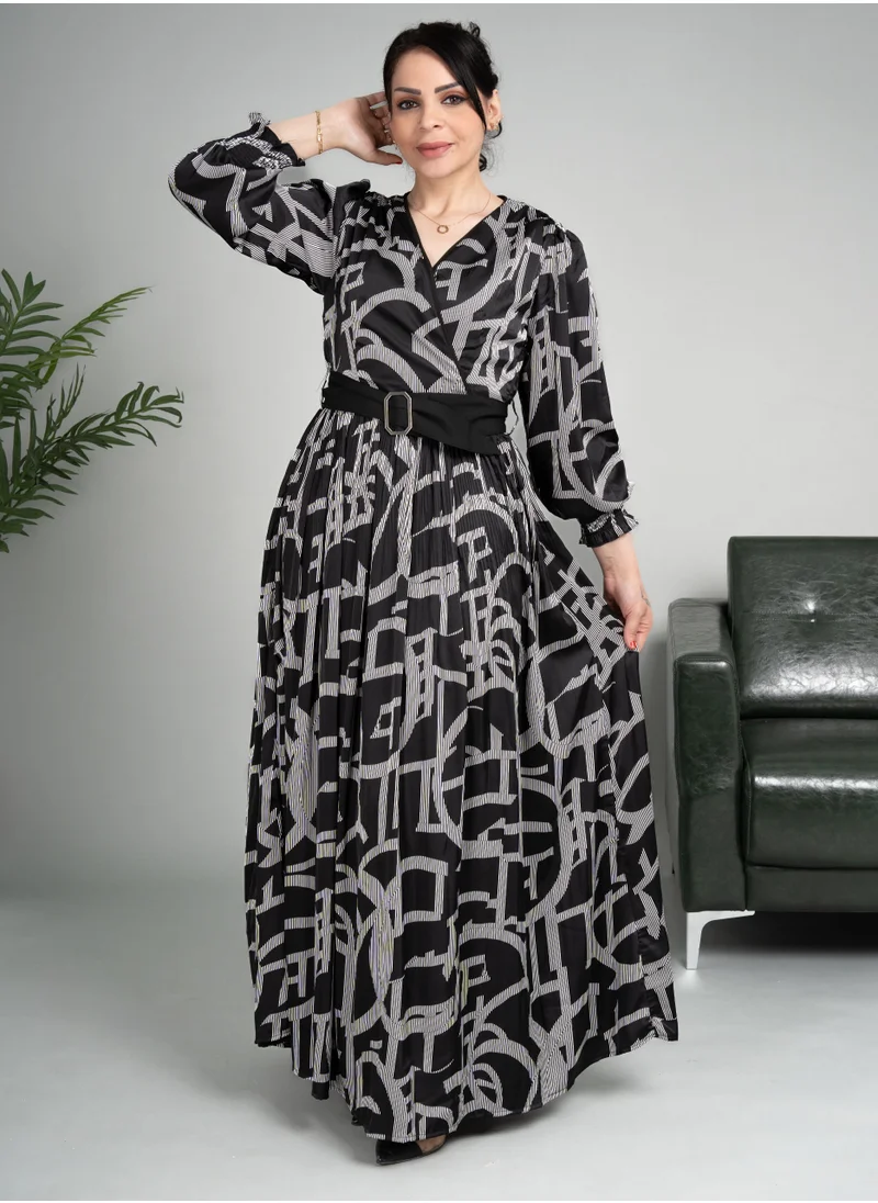 IKKXA Abstract Prints Modest Dress CJ1028 Black