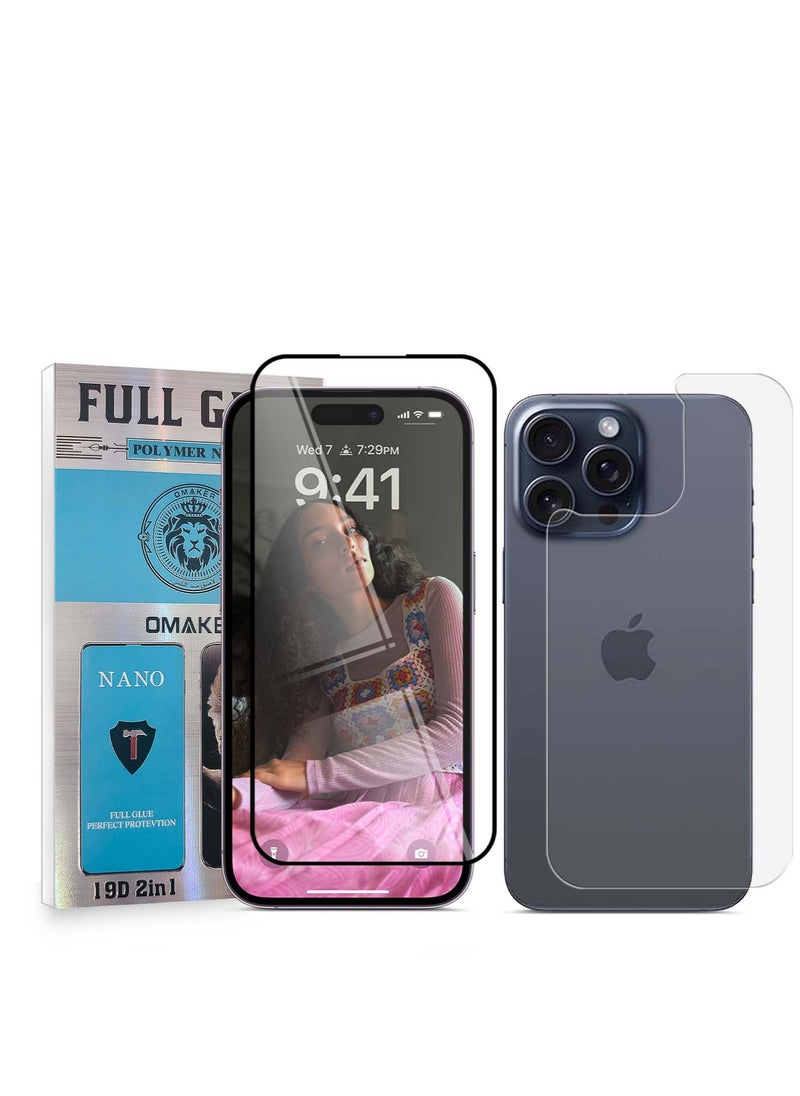 OMAKER Omaker 2 in 1 Super Strong Full Glue Polymer Nano Tempered Glass Screen Protector and Back Film for Apple iPhone 15 Pro – 0.33mm Thickness Bubble - Free Installation  - Image 1