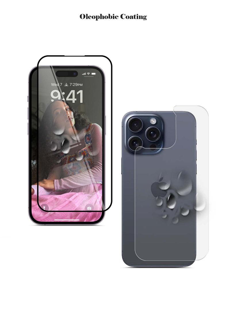 OMAKER Omaker 2 in 1 Super Strong Full Glue Polymer Nano Tempered Glass Screen Protector and Back Film for Apple iPhone 15 Pro – 0.33mm Thickness Bubble - Free Installation  - Image 2