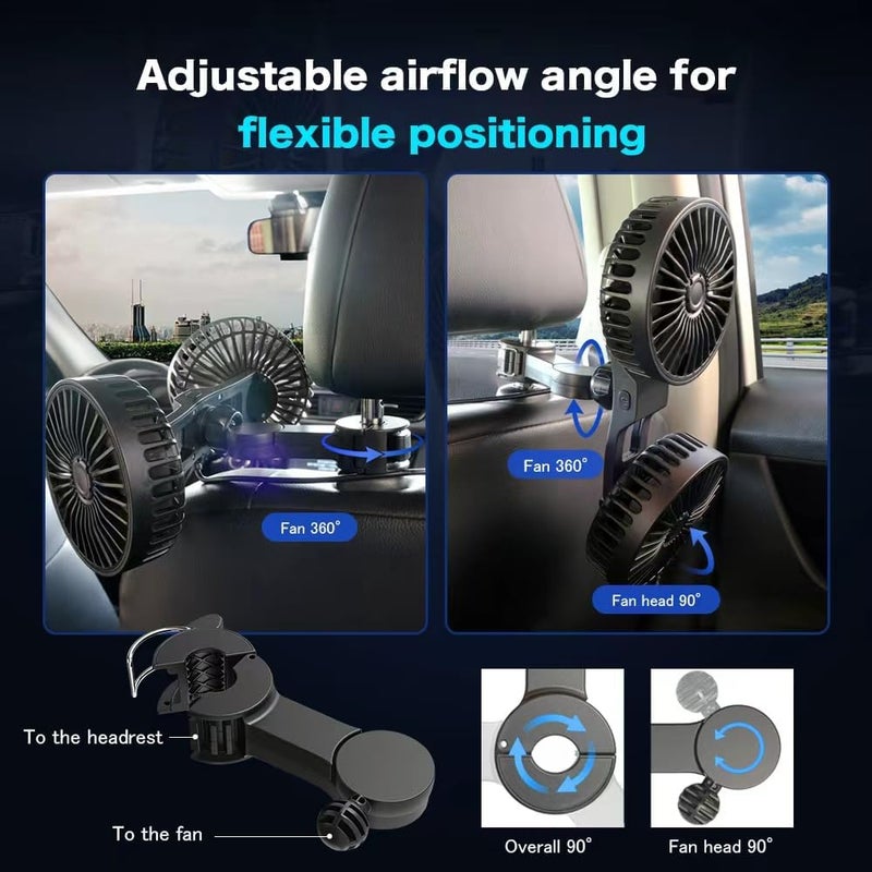 ERKEQN Car Fan Portable USB Powered Dual Head car cooling fanFor Car, 360°Rotatable car cooling fan，Portable car fan with adjustable clip suitable for sedans,SUVs,RV trucks - Image 4