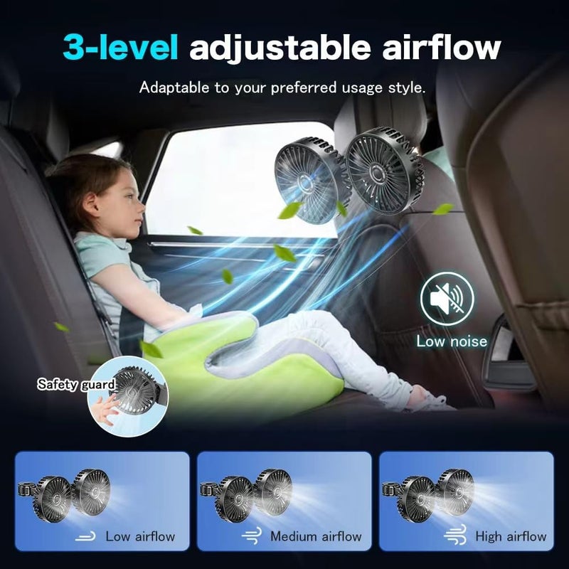 ERKEQN Car Fan Portable USB Powered Dual Head car cooling fanFor Car, 360°Rotatable car cooling fan，Portable car fan with adjustable clip suitable for sedans,SUVs,RV trucks - Image 2