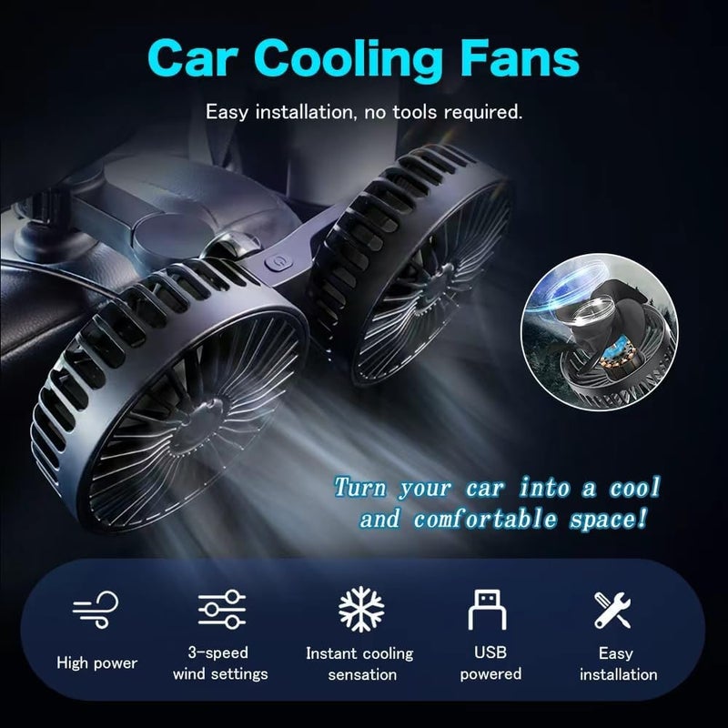 ERKEQN Car Fan Portable USB Powered Dual Head car cooling fanFor Car, 360°Rotatable car cooling fan，Portable car fan with adjustable clip suitable for sedans,SUVs,RV trucks - Image 3