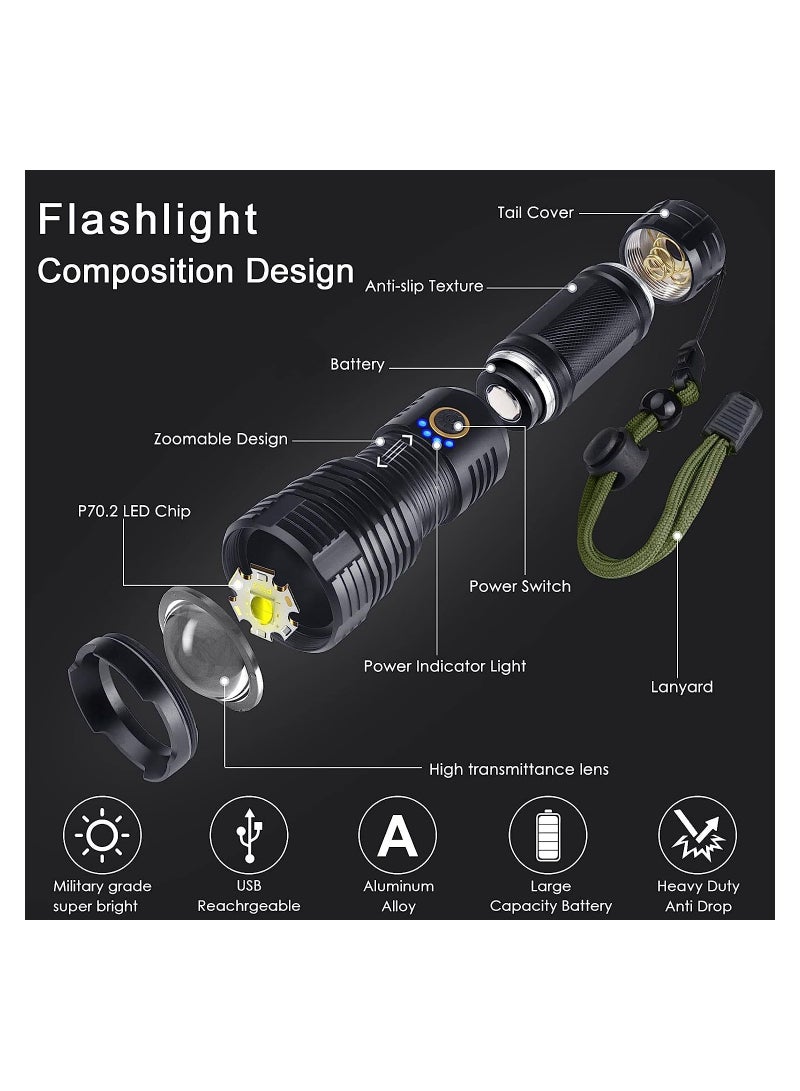 KASTWAVE Rechargeable LED Glare Flashlight, High Lumens Flashlight, 5 Modes XHP70 Tactical Flashlight with Zoomable, Super Bright Waterproof Flashlights for Emergencies, Camping, Hiking - Image 3