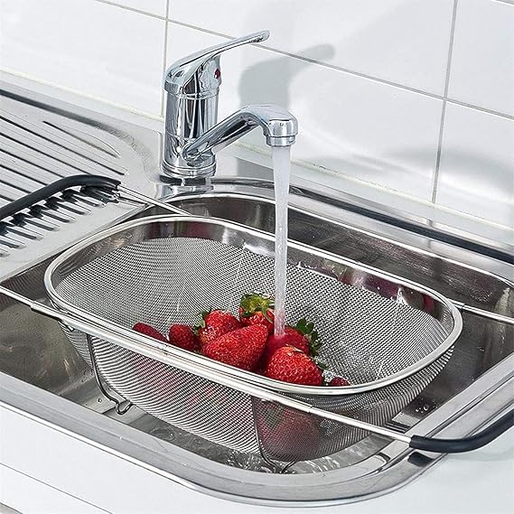 CHALISA Stainless Steel Colander for Kitchen Fruit Vegetable Rice Washing Baskets Strainer Fine Mesh Strainer Baskets Kitchen Colander with Expandable Rubber Grip Handles for Strain Drain Rinse - Image 1
