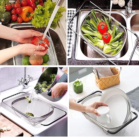 CHALISA Stainless Steel Colander for Kitchen Fruit Vegetable Rice Washing Baskets Strainer Fine Mesh Strainer Baskets Kitchen Colander with Expandable Rubber Grip Handles for Strain Drain Rinse - Image 4