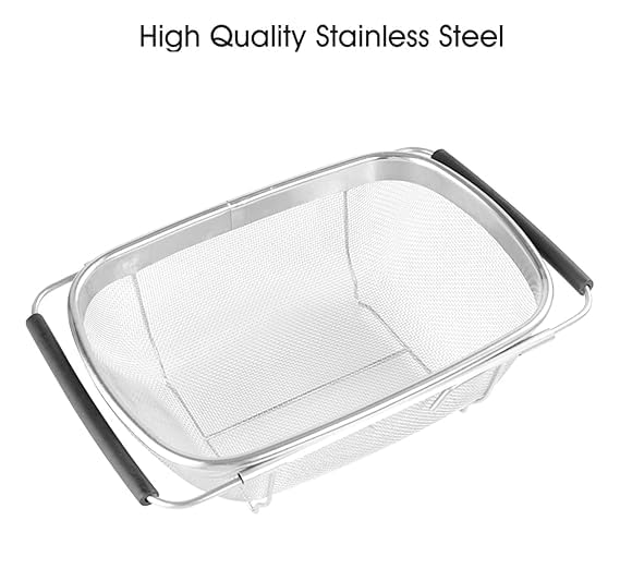 CHALISA Stainless Steel Colander for Kitchen Fruit Vegetable Rice Washing Baskets Strainer Fine Mesh Strainer Baskets Kitchen Colander with Expandable Rubber Grip Handles for Strain Drain Rinse - Image 3