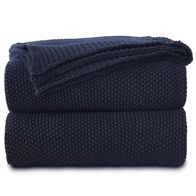 DARK NAVY BLUE COTTON CABLE KNIT THROW BLANKET FOR COUCH SOFA BED LIGHTWEIGHT HOME DECORATIVE THROWS BONUS LAUNDERING BAG 60 X 80 MACHINE WASHABLE