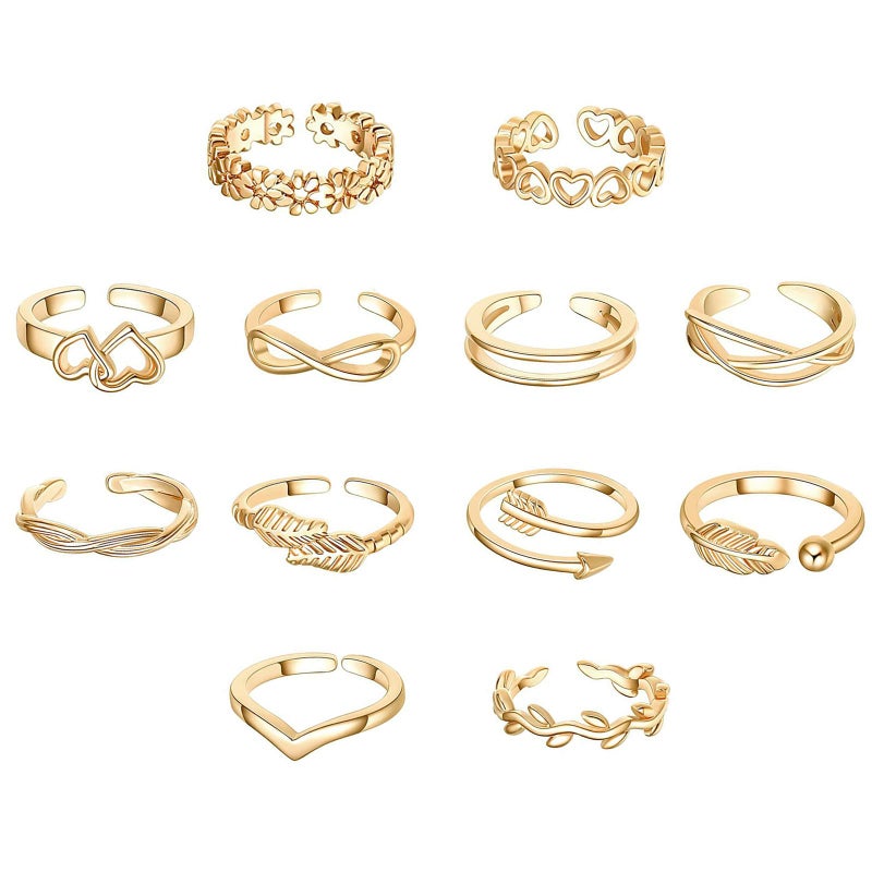 KONPJE 12PCS Toe Rings for Women 14K Gold/Silver Plated Toe Ring Set Adjustable Open Heart Arrow Infinity Rings Beach Foot Jewelry for Summer - Image 1