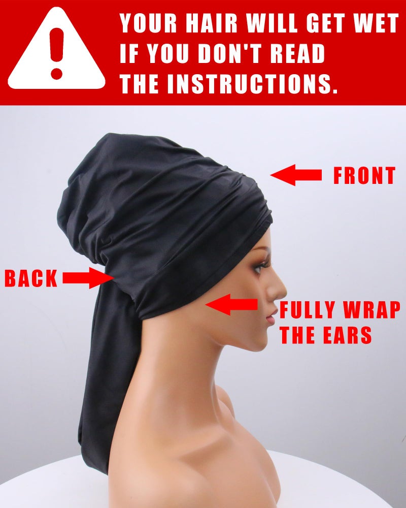 Ababalaya Swim Turban Waterproof Silicone Lined Swim Cap for Braids and Dreadlocks Long Hair Swim Caps for Women Youth - Large Swim Caps, Large, Black - Image 2