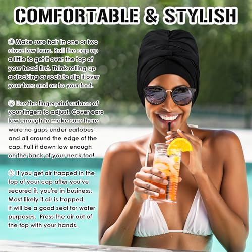 Ababalaya Swim Turban Waterproof Silicone Lined Swim Cap for Braids and Dreadlocks Long Hair Swim Caps for Women Youth - Large Swim Caps, Large, Black - Image 3