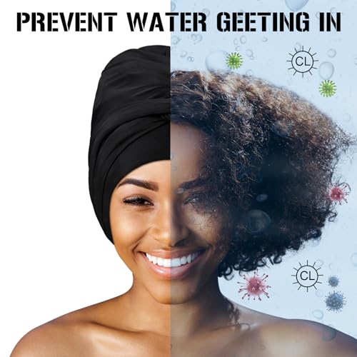 Ababalaya Swim Turban Waterproof Silicone Lined Swim Cap for Braids and Dreadlocks Long Hair Swim Caps for Women Youth - Large Swim Caps, Large, Black - Image 5