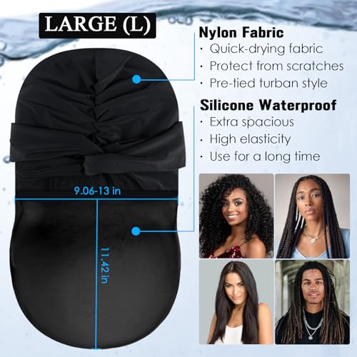 Ababalaya Swim Turban Waterproof Silicone Lined Swim Cap for Braids and Dreadlocks Long Hair Swim Caps for Women Youth - Large Swim Caps, Large, Black - Image 4
