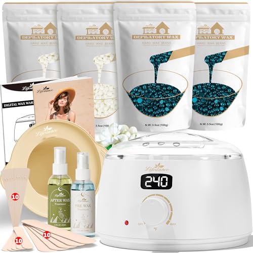 Lifestance Waxing Kit for Women Men White L3 Digital Warmer Silicone Wax Pot Liner Hair Removal Kit with 141oz Hard Wax Beads Oil Spray Professional for Home Brazilian Bikini Face Leg Body - Image 1