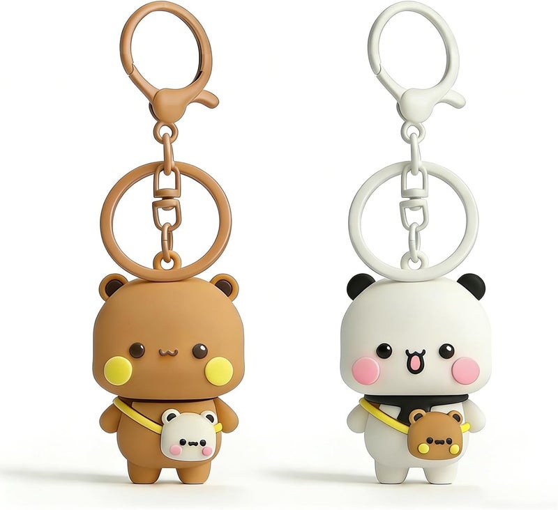 Kawaii Keychains: 2-Piece White Brown Plush Bear Set - Durable High-Quality Material, Secure Metal Clasp for Women Backpack Car Keys Daily Carry - Image 2