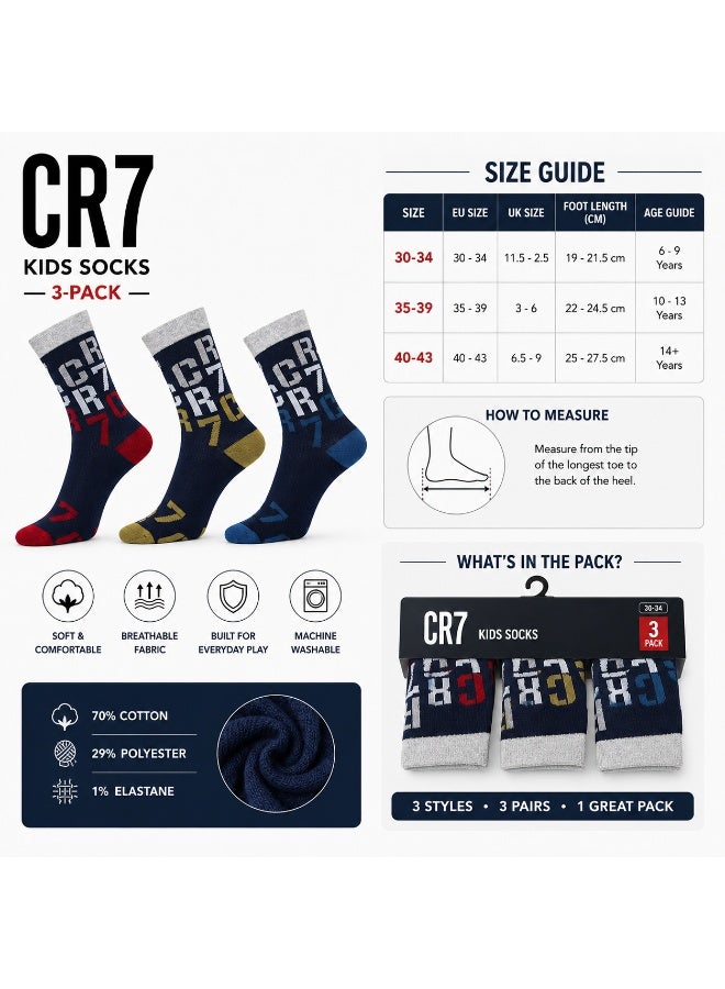 CR7 Kids Socks 3-Pack, Cotton Blend Crew Socks for Boys, 70% Cotton - Image 4