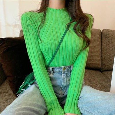 Long Sleeve Knit Top Slim Fit Womens Spring Turtleneck Orange Red  - Image 4