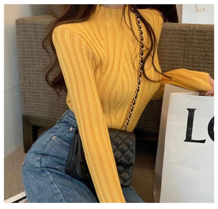 Long Sleeve Knit Top Slim Fit Womens Spring Turtleneck Orange Red  - Image 2