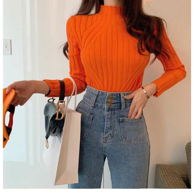 Long Sleeve Knit Top Slim Fit Womens Spring Turtleneck Orange Red  - Image 1