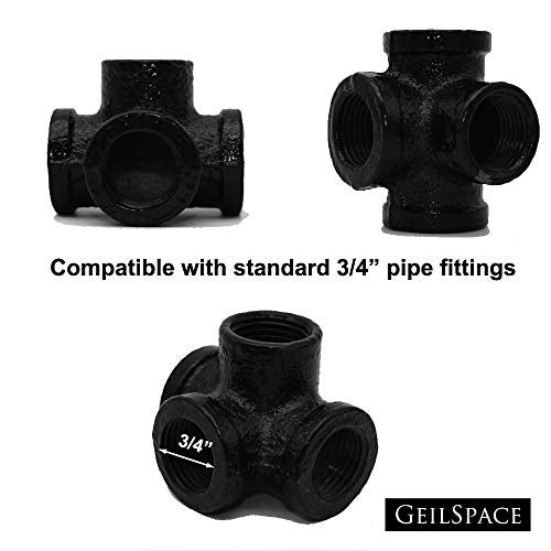 GeilSpace 4-Way, Malleable Iron Pipe Fittings - Vintage DIY Industrial Shelving, Industrial Decor, Furniture DIY (3/4", Black) - Image 2
