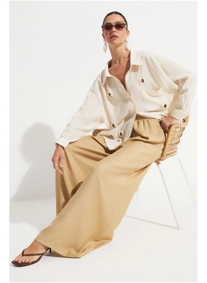 جون June Viscose Blend Elastic Waist Trouser Tan