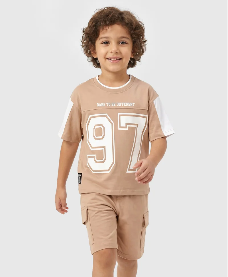 Primo Gino Primo Gino 100% Cotton Drop Shoulder Color Block Printed Half Sleeves T-Shirt & Cargo Shorts Set - Beige & White