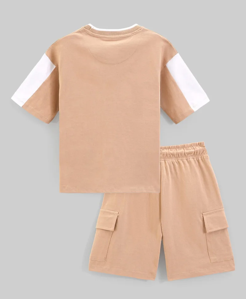 Primo Gino Primo Gino 100% Cotton Drop Shoulder Color Block Printed Half Sleeves T-Shirt & Cargo Shorts Set - Beige & White