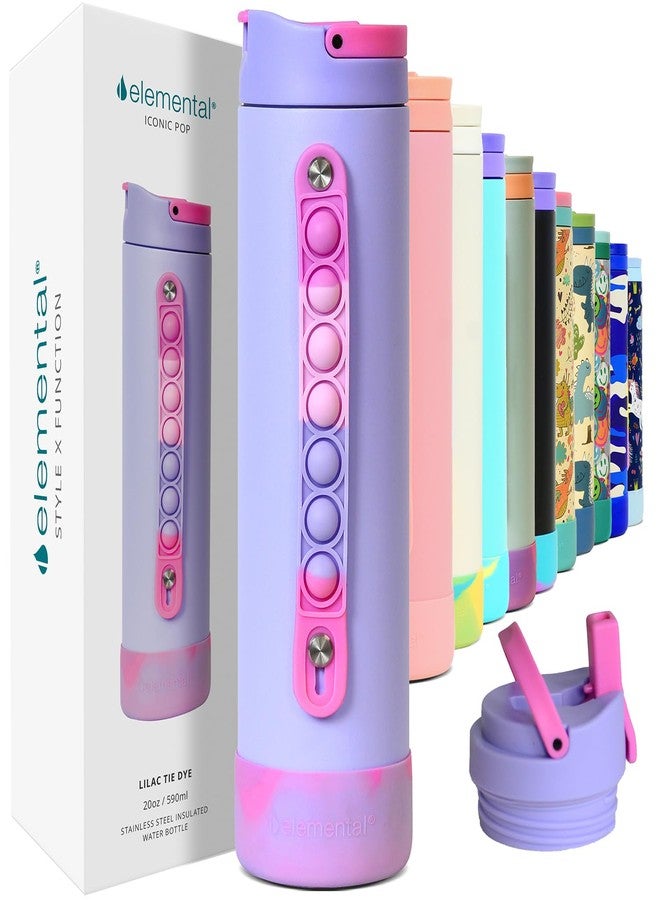 Elemental Iconic Kids Water Bottle for School - 100% Leak-Proof Insulated Water Bottles with Straw Lid & Pop-It Handle for Boys & Girls - Triple-Wall Insulated & BPA-Free, 20oz - Lilac Tie Dye - Image 1
