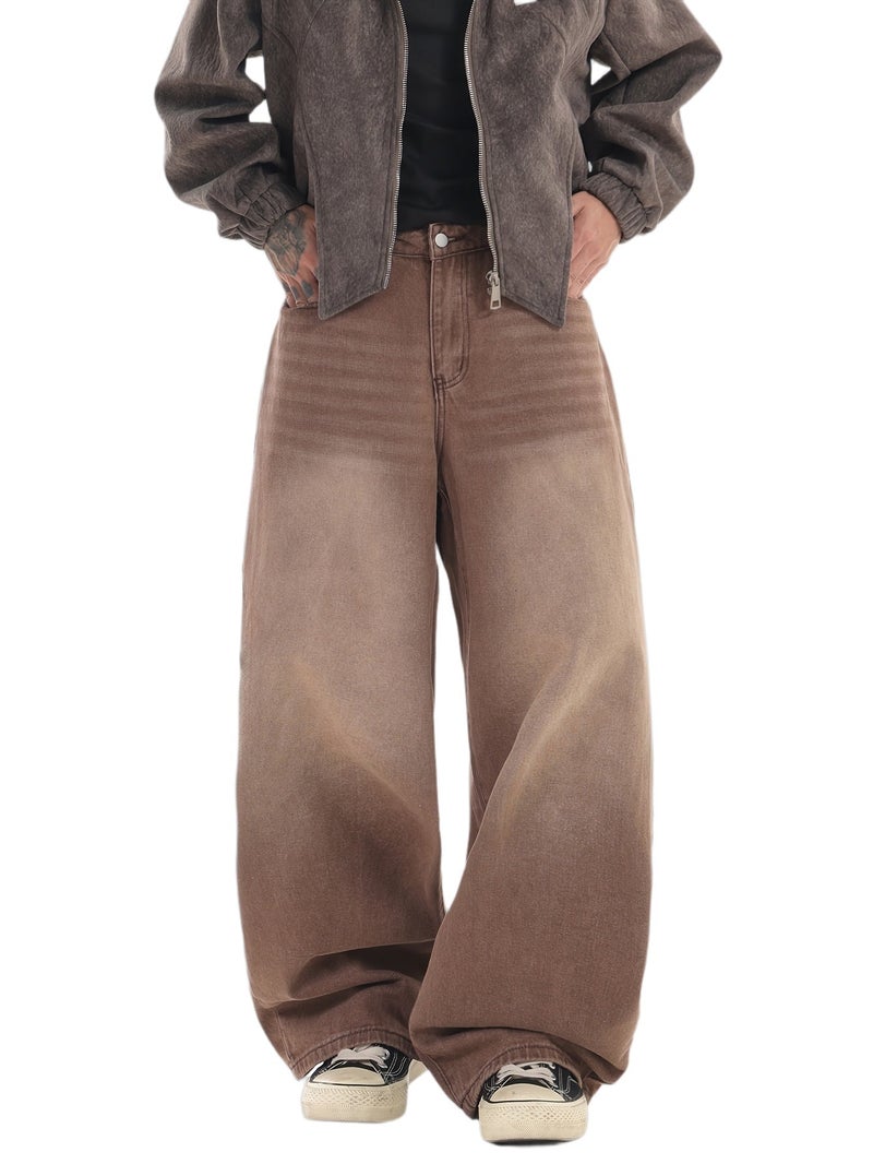 Men's Retro Brown Baggy Jeans, Casual Street Fashion Hip-hop Wide-leg Pants, Comfortable for All Seasons () - Image 1