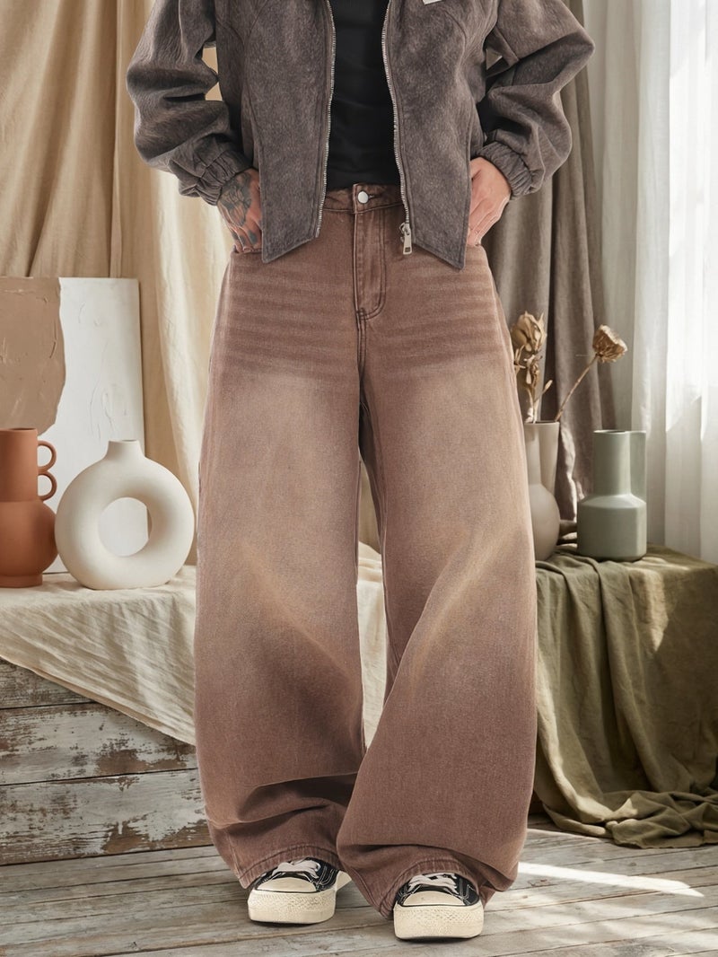 Men's Retro Brown Baggy Jeans, Casual Street Fashion Hip-hop Wide-leg Pants, Comfortable for All Seasons () - Image 2