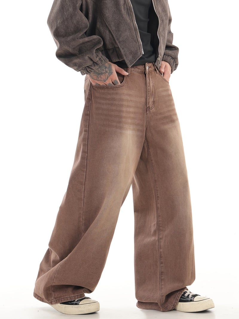 Men's Retro Brown Baggy Jeans, Casual Street Fashion Hip-hop Wide-leg Pants, Comfortable for All Seasons () - Image 3