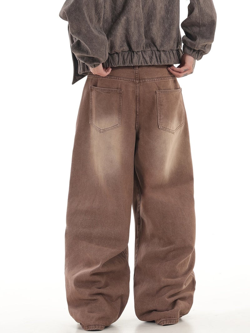 Men's Retro Brown Baggy Jeans, Casual Street Fashion Hip-hop Wide-leg Pants, Comfortable for All Seasons () - Image 5
