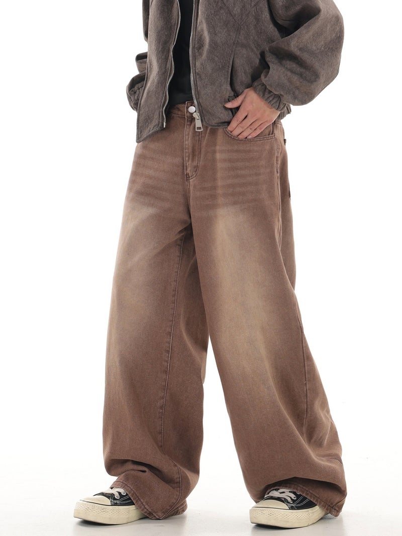 Men's Retro Brown Baggy Jeans, Casual Street Fashion Hip-hop Wide-leg Pants, Comfortable for All Seasons () - Image 4