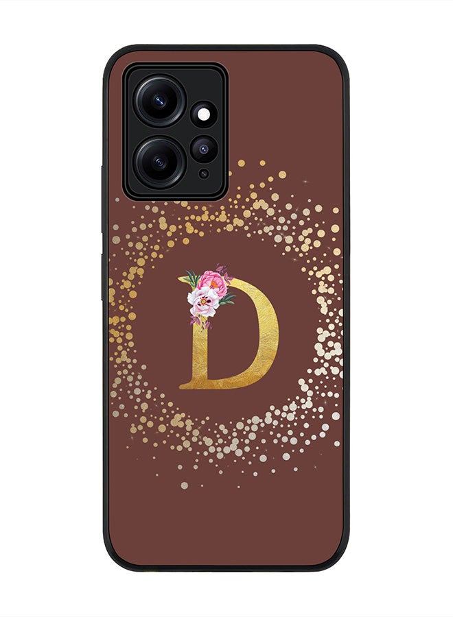 Stylizedd Rugged Black edge case for Redmi Note 12 4G Slim fit Soft Case Flexible Rubber Edges Anti Drop TPU Gel Thin Cover - Custom Monogram Initial Letter Floral Pattern Alphabet - D - Brown - Image 1