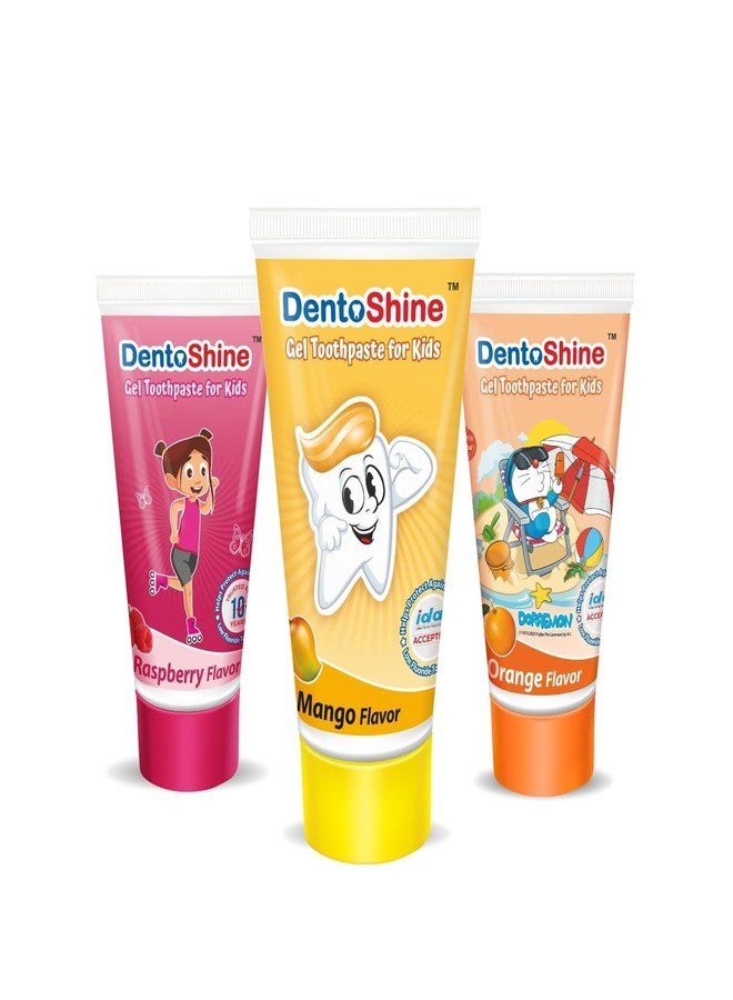 DentoShine Gel Toothpaste for Kids | Pack of 3 Flavors (Orange, Raspberry & Mango, 80g each) | IDA Accepted | Ages 2+ - Image 1