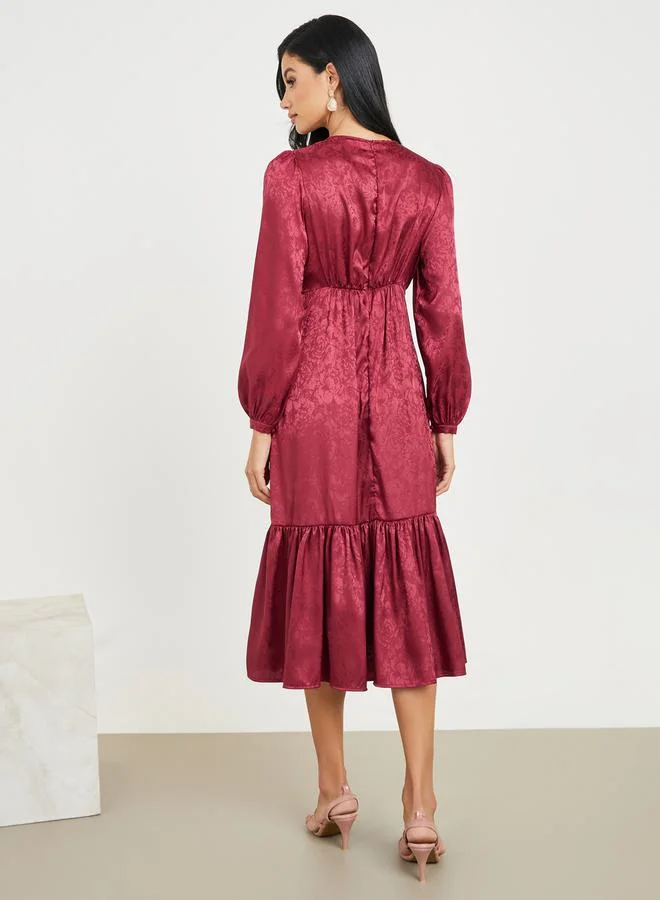 Styli Jacquard Print Gathered Detail A-Line Midi Dress