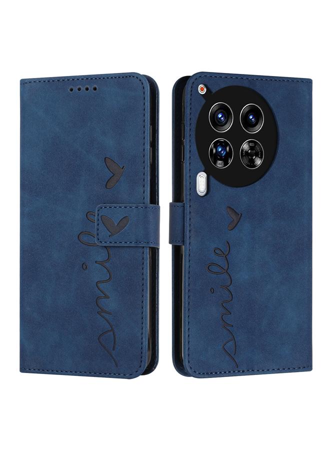 Green Tiger For Tecno Camon 30 Premier Skin Feel Heart Embossed Leather Phone Case with Long Lanyard(Blue)