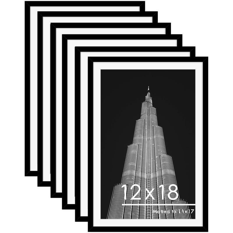 PEALSN 12x18 Picture Frame Set of 6 Display Pictures 11x17 with Mat or 12x18 Without Mat for Wall Mounting Display Poster Frames Collage for Wall Decor Black