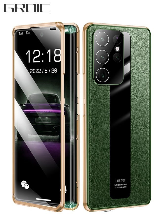 GROIC حافظة مغناطيسية لهاتف سامسونج جالاكسي S23 الترا، حافظة هاتف مغناطيسية مزدوجة الجوانب من الزجاج المقسى لهاتف S23 الترا مع واقي شاشة، غطاء خلفي جلدي مع غطاء كاميرا لهاتف جالاكسي S23 الترا 6.8 بوصة-أخضر - Image 1