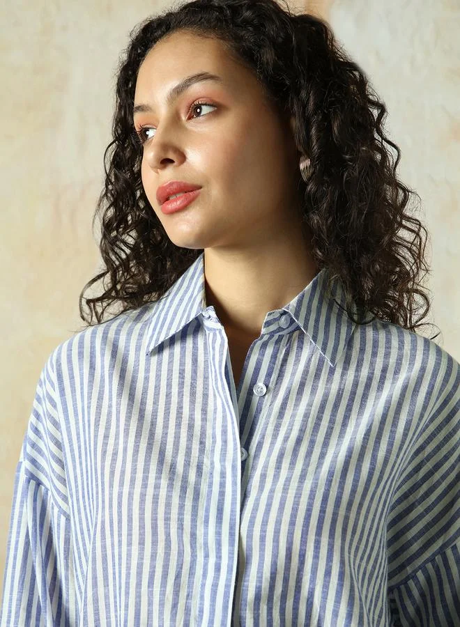 HIGH STAR  Women Shirts in Navy Blue featuring Oversized fit with a strip pattern, spread collar collar, collar neckline, full sleeve, secured with button closure, crafted from 100% cotton – a must-have for those who love trendy fashion. for Women | Best Price UAE