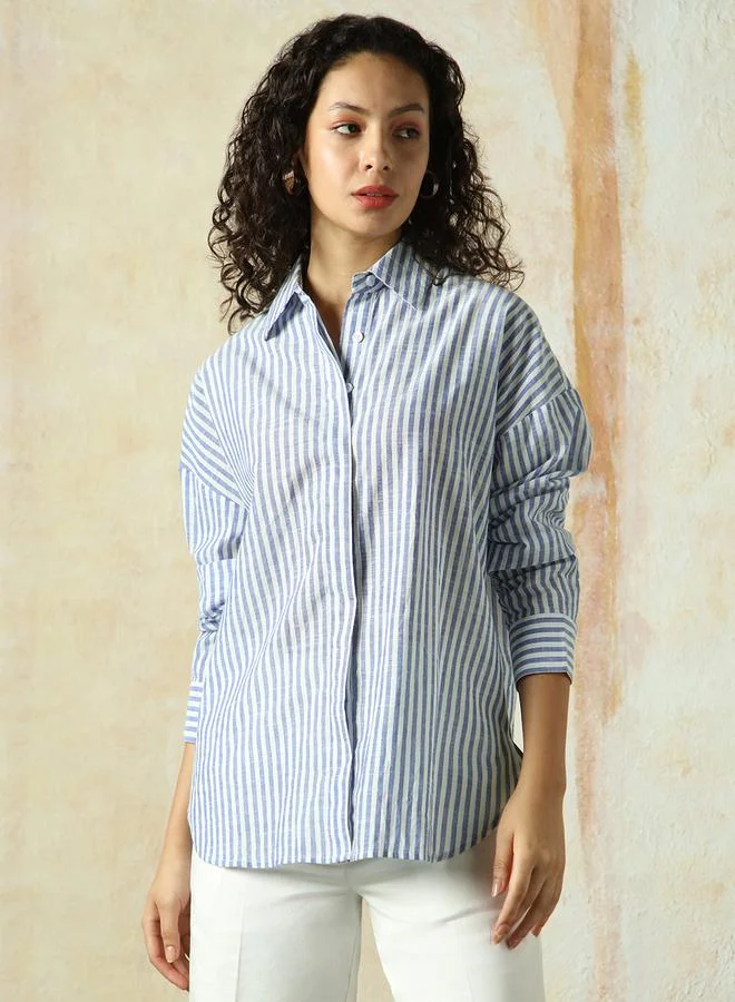 HIGH STAR  Women Shirts in Navy Blue featuring Oversized fit with a strip pattern, spread collar collar, collar neckline, full sleeve, secured with button closure, crafted from 100% cotton – a must-have for those who love trendy fashion. for Women | Best Price UAE