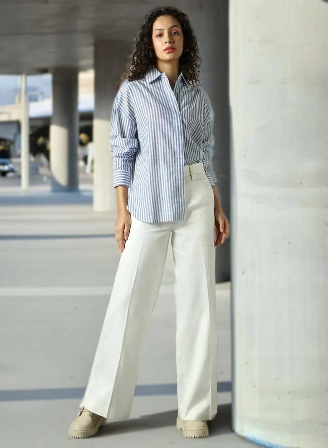 HIGH STAR Women Shirts in Navy Blue featuring Oversized fit with a strip pattern, spread collar collar, collar neckline, full sleeve, secured with button closure, crafted from 100% cotton – a must-have for those who love trendy fashion.