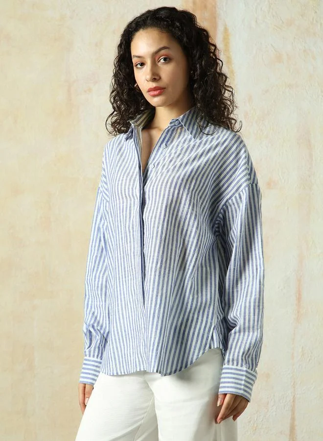 HIGH STAR Women Shirts in Navy Blue featuring Oversized fit with a strip pattern, spread collar collar, collar neckline, full sleeve, secured with button closure, crafted from 100% cotton – a must-have for those who love trendy fashion.