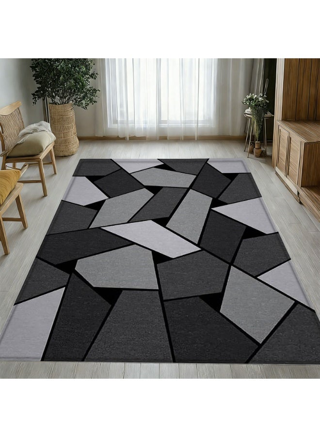 Modern Geometric Area Rug, Polyester, Mosaic Pattern, Gray Black - Image 3