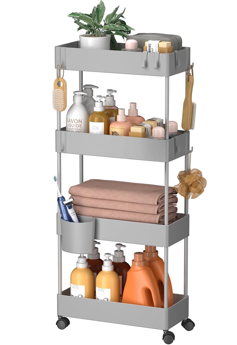 Pipishell Slim Storage Cart with Wheels 4 Tier Bathroom Storage Organizer Rolling Utility Cart for Bathroom Kitchen Laundry Room Office Narrow Place Gray