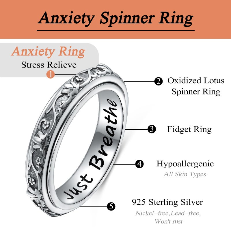 Ladytree Spinner Fidget Ring S925 Sterling Silver Lotus Flower Yoga Just Breathe Anxiety Worry Band Oxidized Stress Relieving Boredom ADHD Autism Rings for Women Men,Size 8 - Image 4