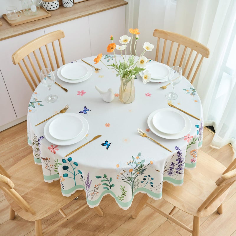 EFFICINATURE Round Tablecloth 60 Inch Spring Floral Table Cloth Scalloped Edge Silky Soft Light Fabric Waterproof Wrinkle Free Washable Table Cover for Kitchen Dining Outdoor Birthday Patio Party Decor (White) - Image 3