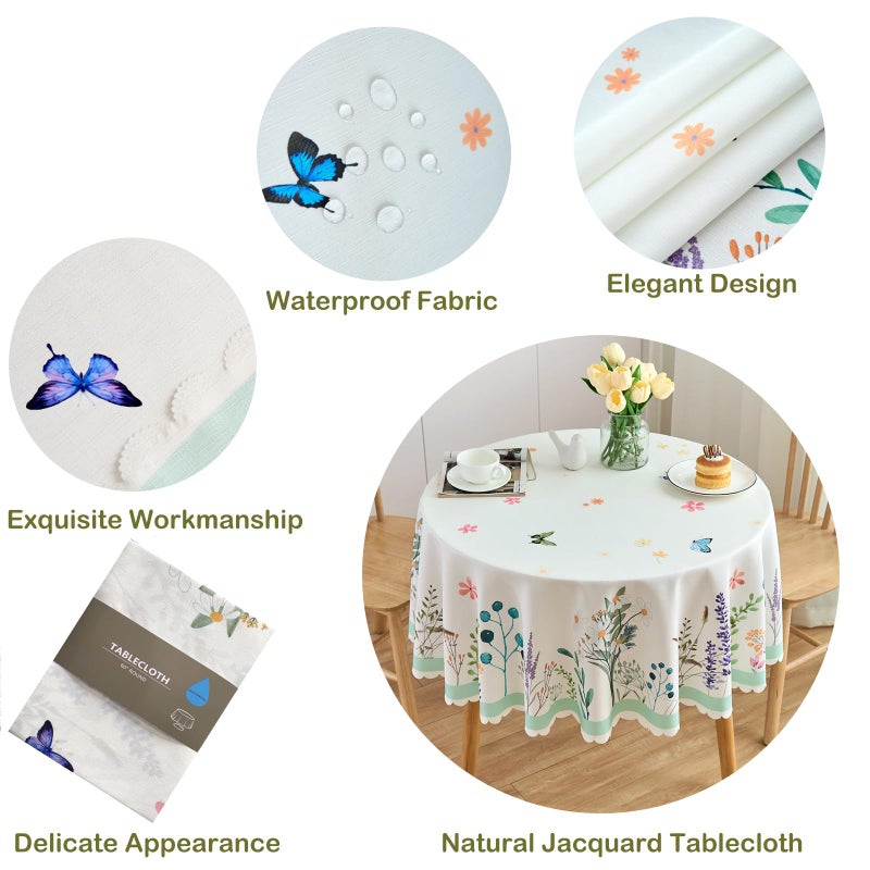 EFFICINATURE Round Tablecloth 60 Inch Spring Floral Table Cloth Scalloped Edge Silky Soft Light Fabric Waterproof Wrinkle Free Washable Table Cover for Kitchen Dining Outdoor Birthday Patio Party Decor (White) - Image 2