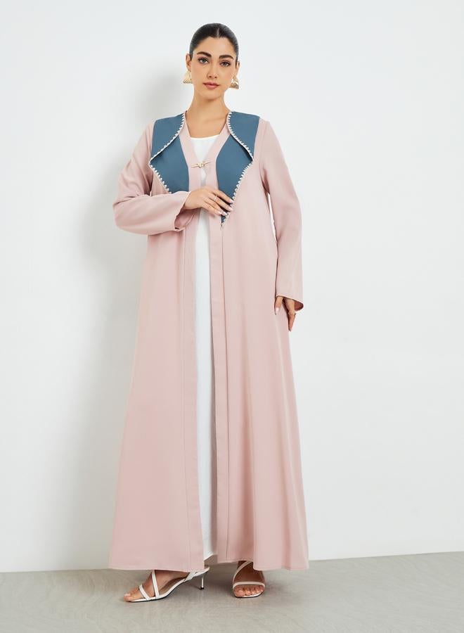 Amirah Beige Color Block Open Front Abaya - Image 3