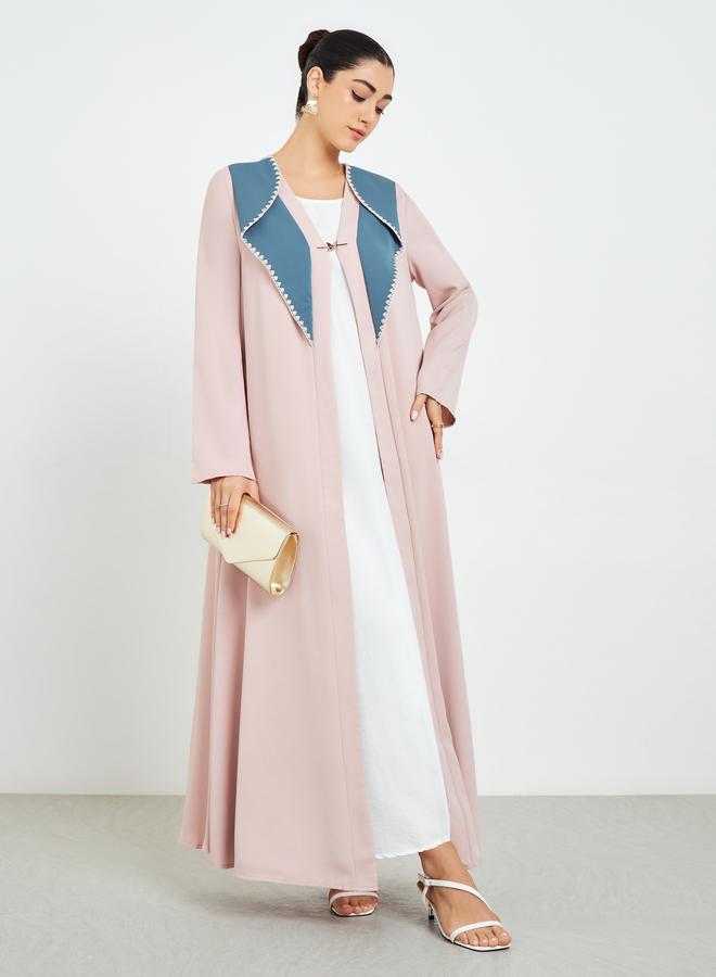 Amirah Beige Color Block Open Front Abaya - Image 1