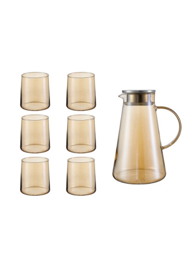 Amber Water Set, 1900ml Glass Pitcher مع غطاء الفولاذ المقاوم للصدأ, 6 حزمة أكواب زجاجية 320ml, مجموعة قافلة زجاجية مقاومة للحرارة للماء, العصير, الشاي المثلج, المطبخ المنزلي - Image 1
